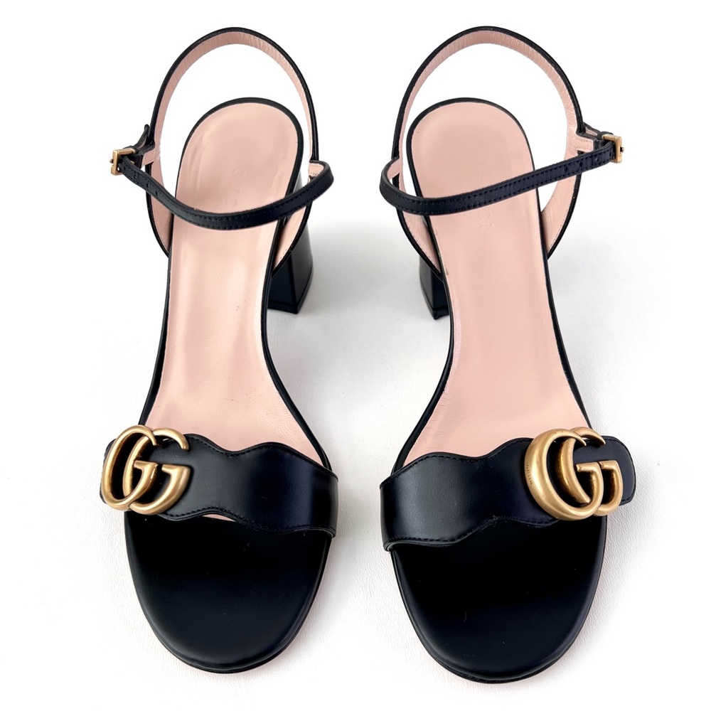 GUCCI | Marmont Double GG Black Leather Mid Heel Block Sandal EU 37.5 US 7.5 - Picture 3 of 14